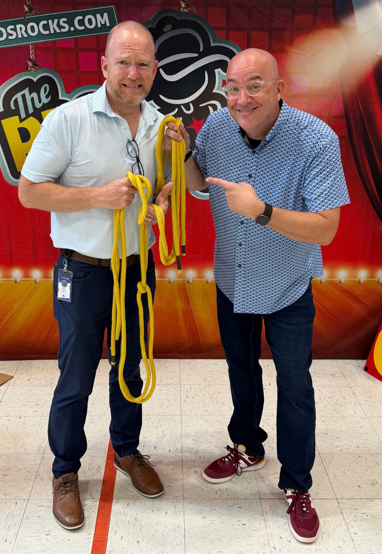 Tim Hannig hyping up the Family Night show with Principal Tim Callahan