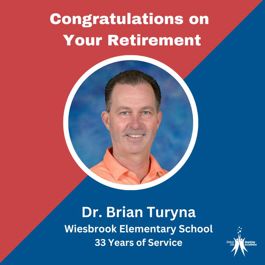 Retirement announcement for Dr. Brian Turyna from Wiesbrook Elementary after 33 years of service