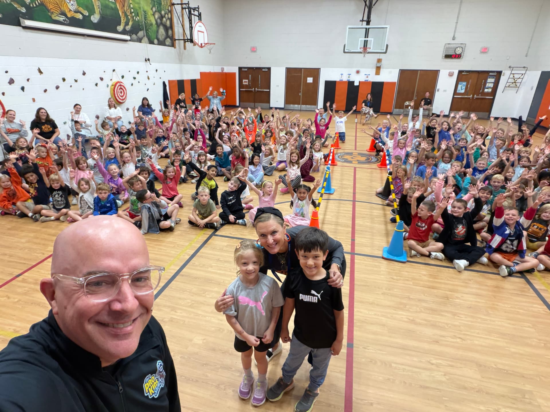 Students and staff at Wiesbrook Elementary after a Pro-Kids Show assembly