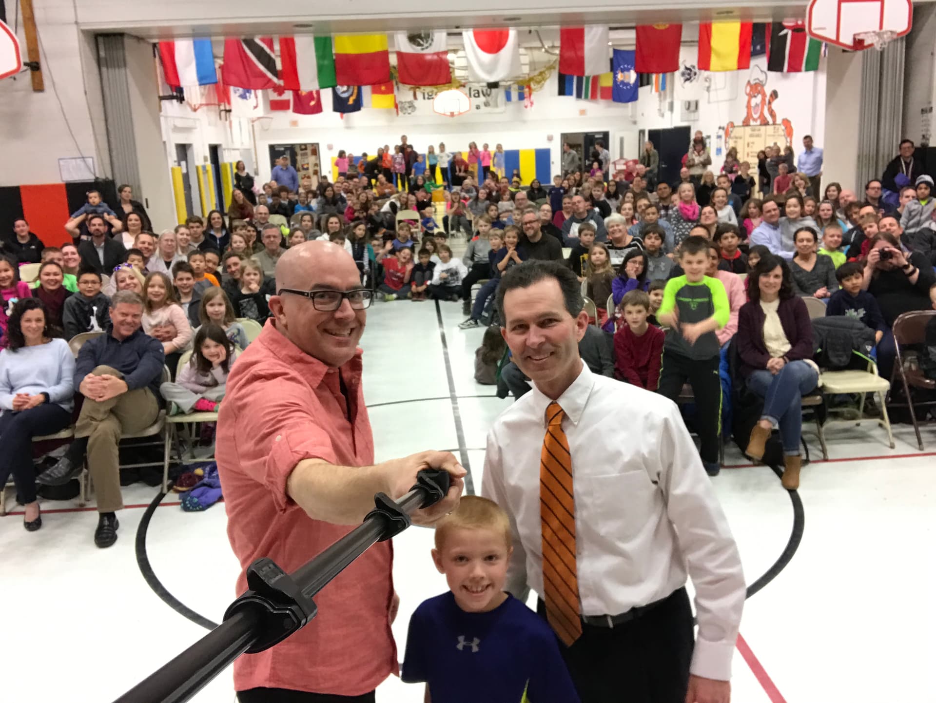 Tim Hannig with a student at Wiesbrook Elementary during the first Pro-Kids Show in 2017
